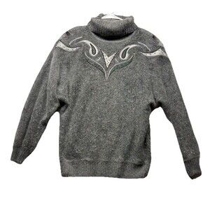 Vintage Silk Angora Wool Blend Gray Paisley Beaded Turtleneck Sweater Sz Small